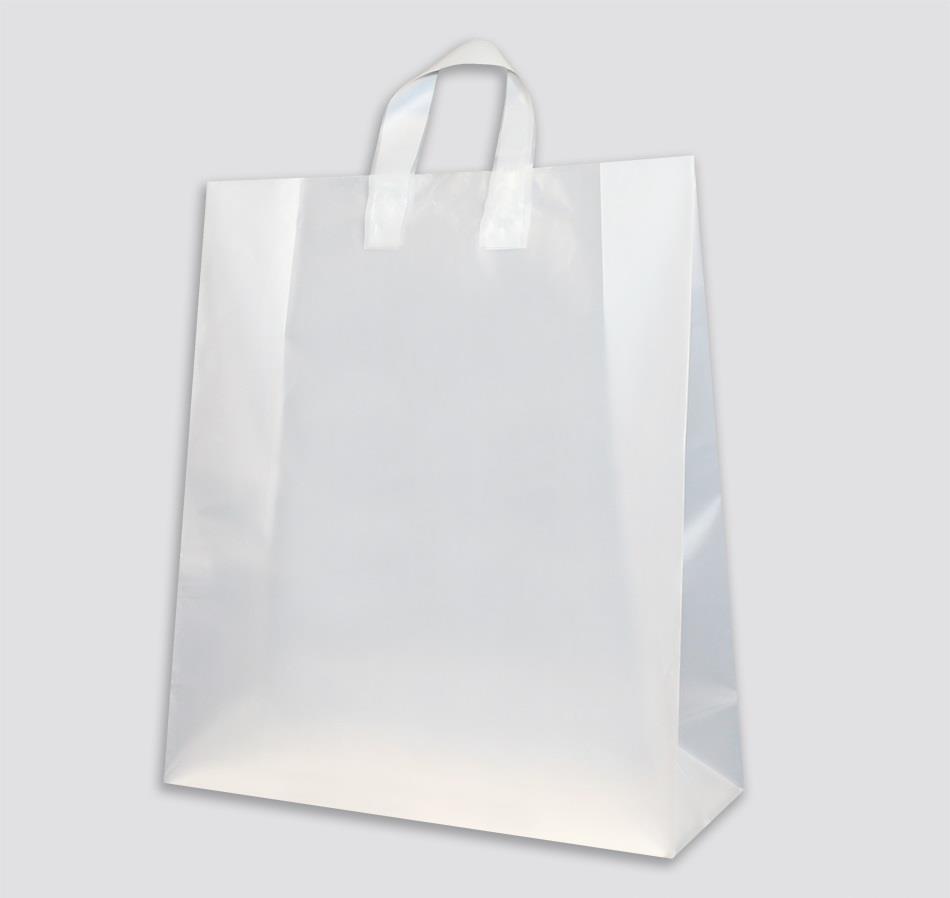 White soft loop plastic shopping bag with gusseted bottom