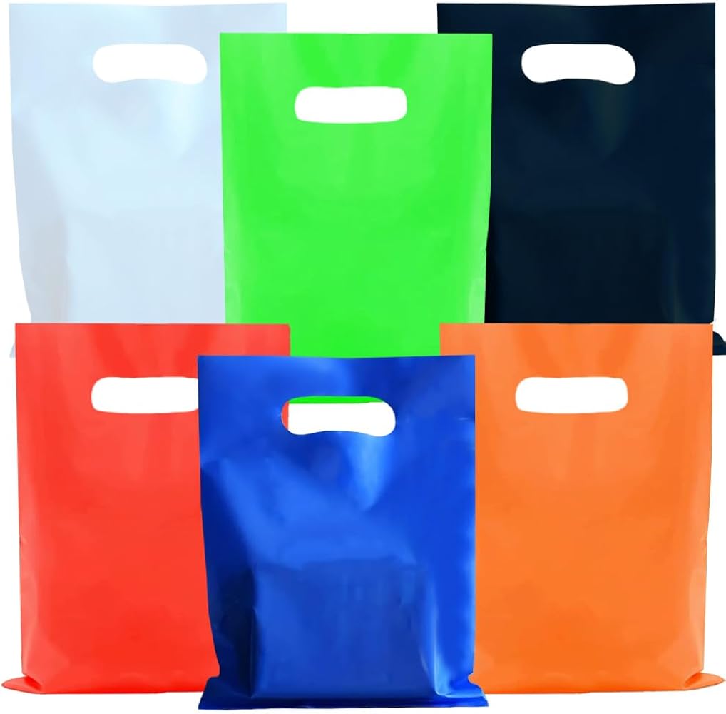 Assorted colored die-cut handle plastic shopping bags