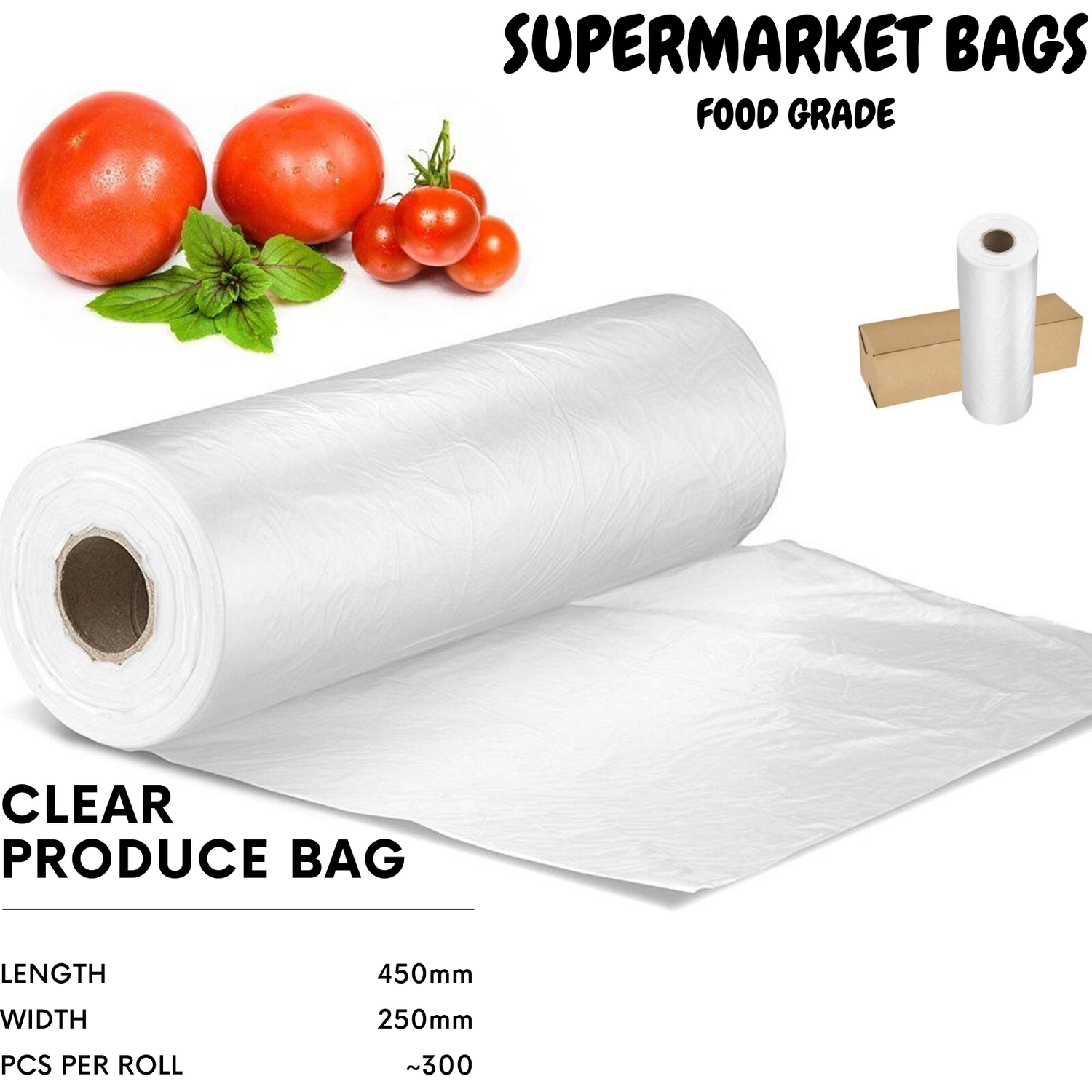 Clear produce food bags supplied on a roll