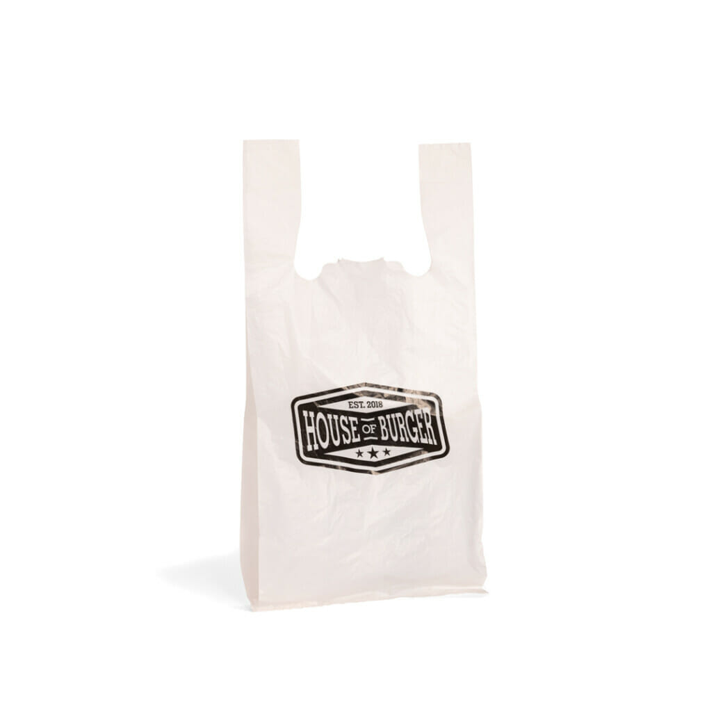 Printed T-shirt carrier bag for food and takeaway businesses
