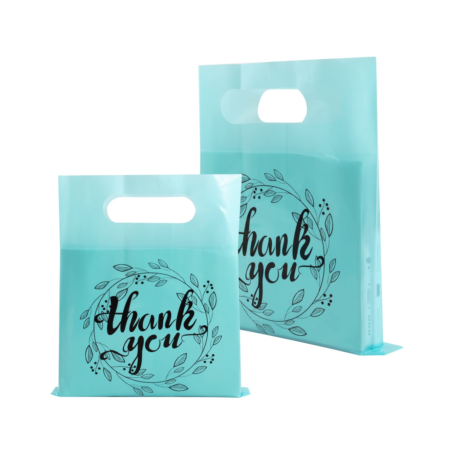 Printed turquoise die-cut plastic retail bags